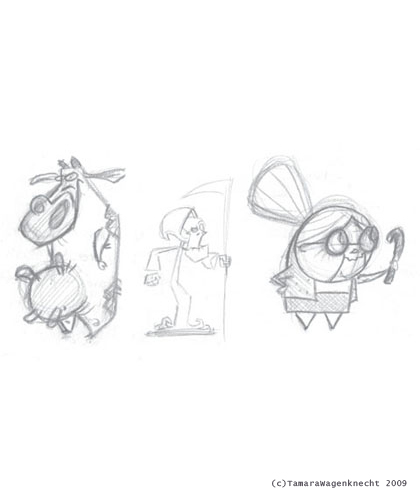 Pg8|2007|BluePencil and Paper|Quick Sketches of Cow, Grim, and Madame Foster.