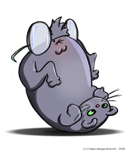 Cat Glasses|2009|BluePencil and Paper, then cleaned and colored Photoshop + Cintiq|Ever see those movies on like AMV where a dog has glasses on its butt and his tail looks like a nose?  Well, this is that same idea, but with a cat.  If you look closely, you'll see he's smiling at you.