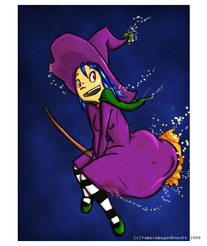 Witch|2009|BluePencil and Paper, then cleaned and colored Photoshop + Cintiq|This was just a little doodle in my sketchbook that I really wanted to see fully developed, so I did.