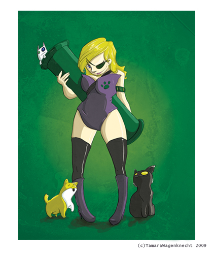 My Mom as The Bazooka Cat Warrior|2009|Photoshop + Cintiq|Watch out, if you make my Momma real made she'll shoot you down with a cat!<br />But yea, I made this in a quick hurry for the Chiu Stream contest.  I higly recommend it to any inspiring artist out there!  Remember, Bobby Chiu~