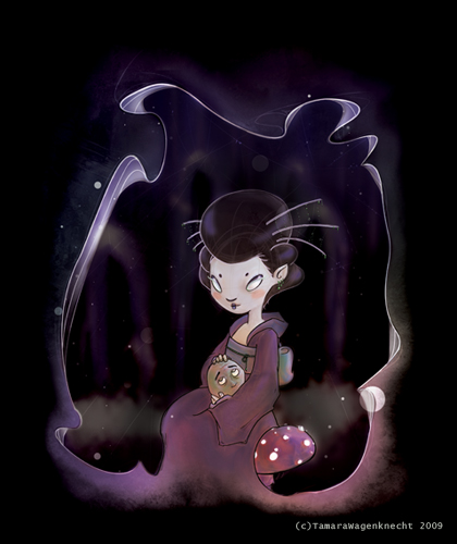 Death Girl|2009|Photoshop + Cintiq|Made for the Candy Apples and Razor Blades Show, hosted by Bear and Bird (an awesome shop you gotta check out).  The theme was scary Halloween ghoulishness!