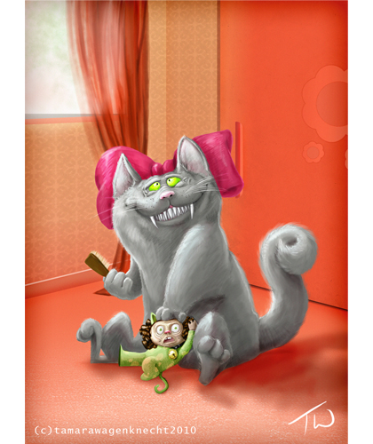 Kitty's Revenge|2010|BluePencil and Paper, then painted Photoshop + Cintiq|Made for the Monsters Under My Bed Show, hosted by Bear and Bird.  The theme was childhood fears.